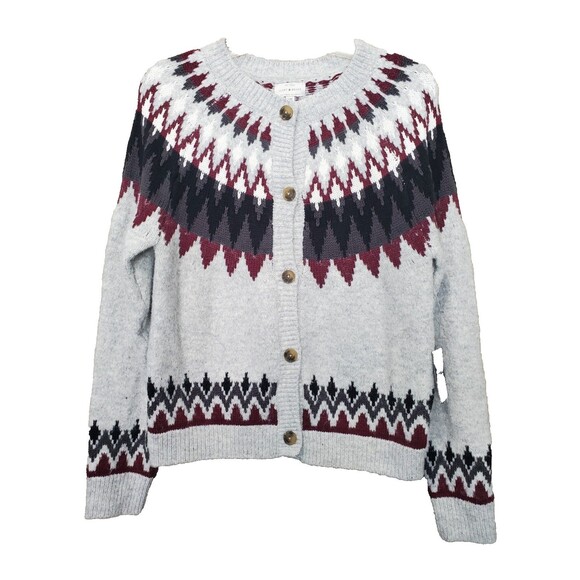 Lucky Brand Cotton/Wool Blend Jacquard Yoke Fair Isle Raglan Cardigan Sz MED NWT - Picture 1 of 9